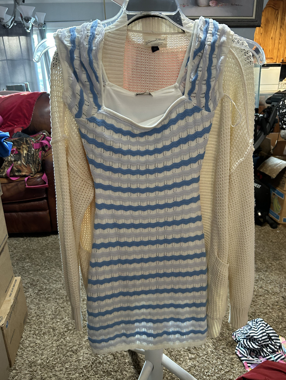 Hollister XXS Blue and White Striped Knit Dress with Inner Lining